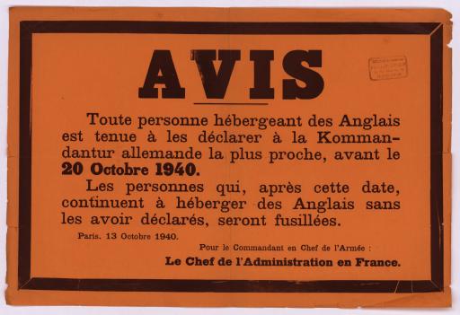 La Roche-sur-Yon impr. du Commerce Avis [obligeant toute personne hébergeant des Anglais à les déclarer à la Kommandantur allemande la plus proche] / Le Chef de l'Administration en France.